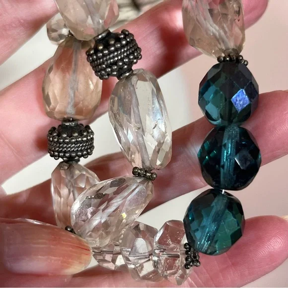 Vintage Bohemian Silver Heavy Clear Quartz Stone Blue Chunky Western Necklace